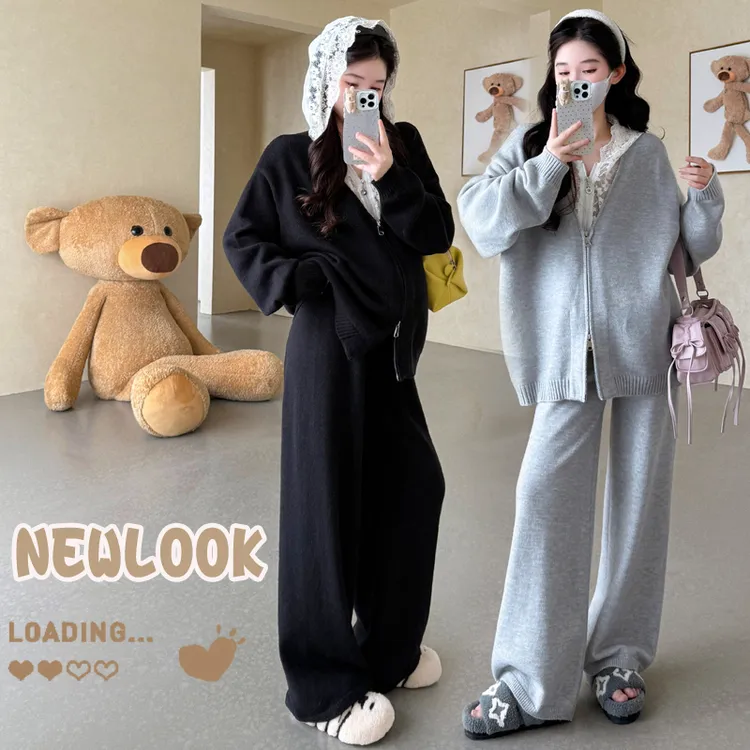 孕妇装秋装套装新款蕾丝拼接连帽拉链孕妇长袖开衫宽松外穿阔腿裤