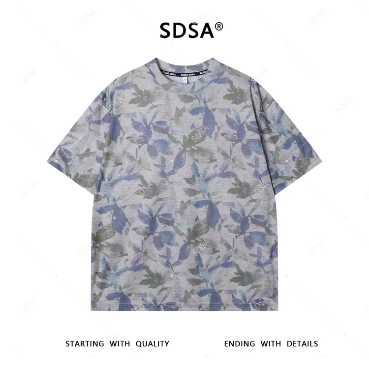 SDSA夏季新款男士痞帅水墨撞色花卉图案短袖T恤百搭圆领时尚上衣