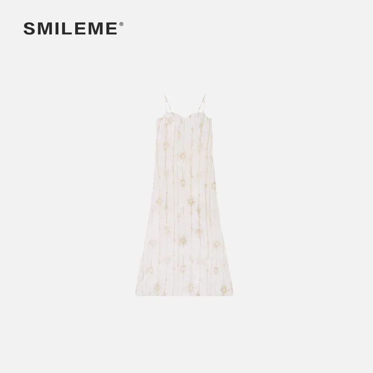 2-SMILEME【轻语】夏季新款’‘真丝’‘混纺高级感气质提花吊带连衣裙