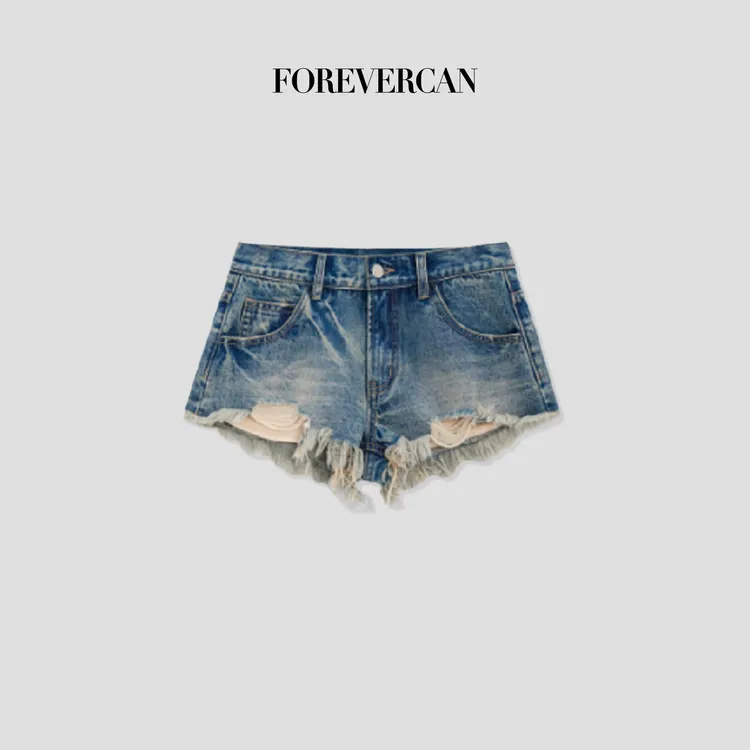 FOREVERCAN“半岛日记”复古做旧手工流苏磨边牛仔短裤 SP19215