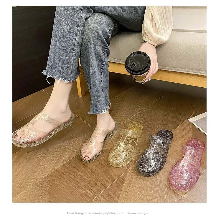 泰国水晶新款闪金包头小坡跟防滑超软底拖鞋