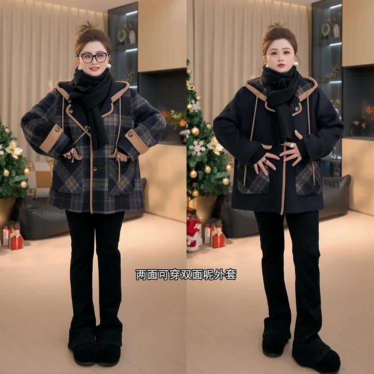 【胖佳佳】霍格沃兹 冬季撞色连帽正反两穿双面呢大衣H625M20552