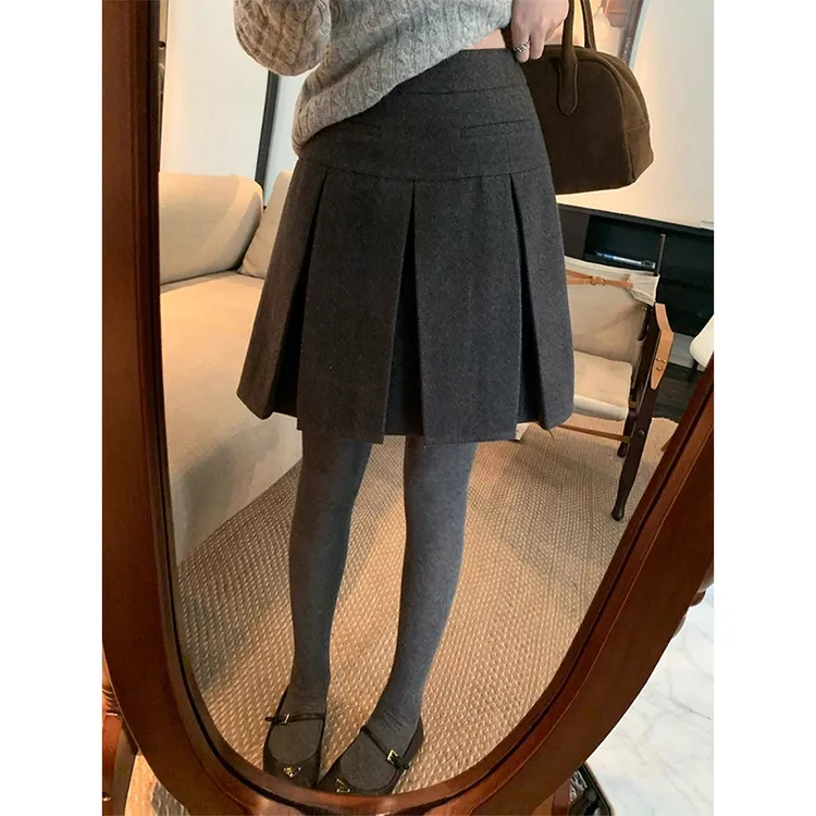 格雷系烟灰色工字压褶毛呢半身裙女秋冬季高腰百搭小个子百褶短裙
