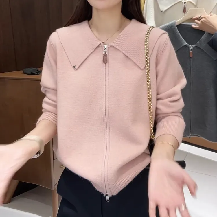 翻领休闲拉链毛衣外套女2025秋冬季新款气质软糯双拉链针织开衫女
