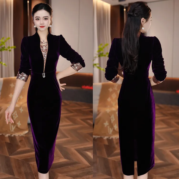 【紫韵佳人】2025秋季新款收腰显瘦洋气减龄轻奢女人味打底连衣裙