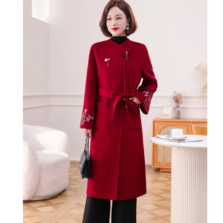 秋冬新款长款中国风气质重工刺绣双面绵羊毛大衣5235