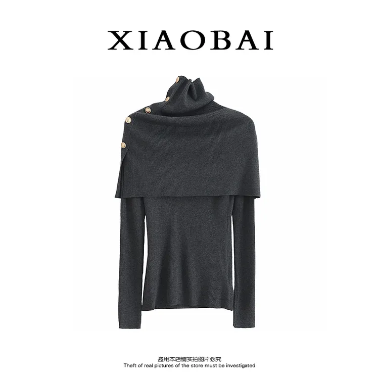 XIAOBAI 半高领拼接针织衫秋季纯色气质修身长袖上衣洋气毛针织女