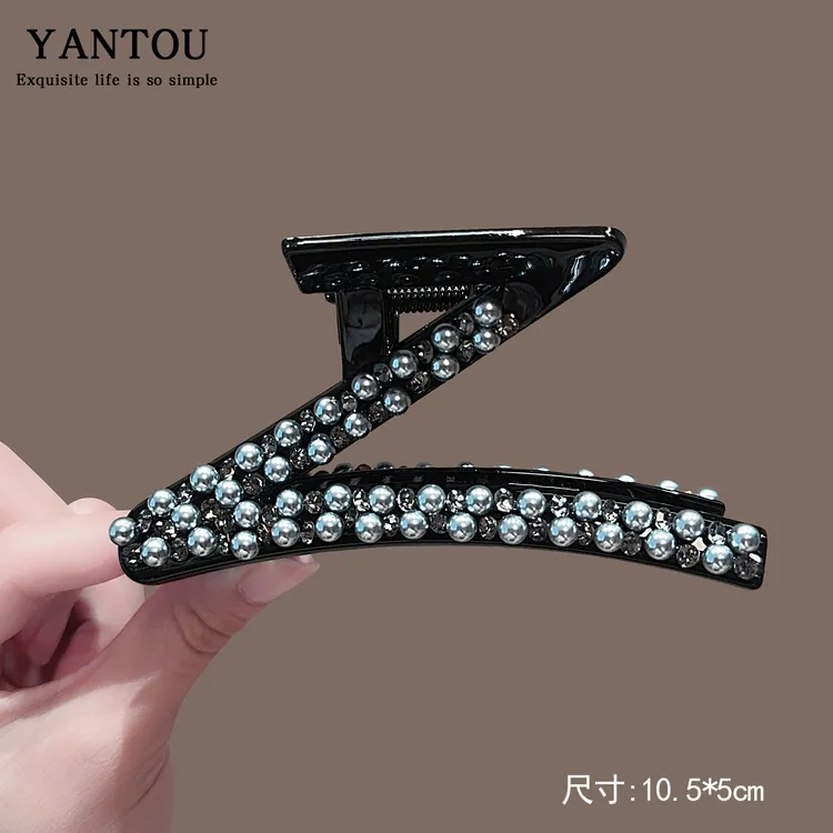 设计感轻奢Z字型珍珠大抓夹后脑勺盘发鲨鱼夹发抓夹时尚发卡发夹