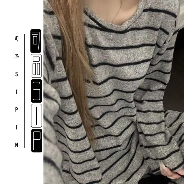 【店铺热卖】德绒加厚大码睡衣女250斤韩系ins条纹秋冬季保暖家居服