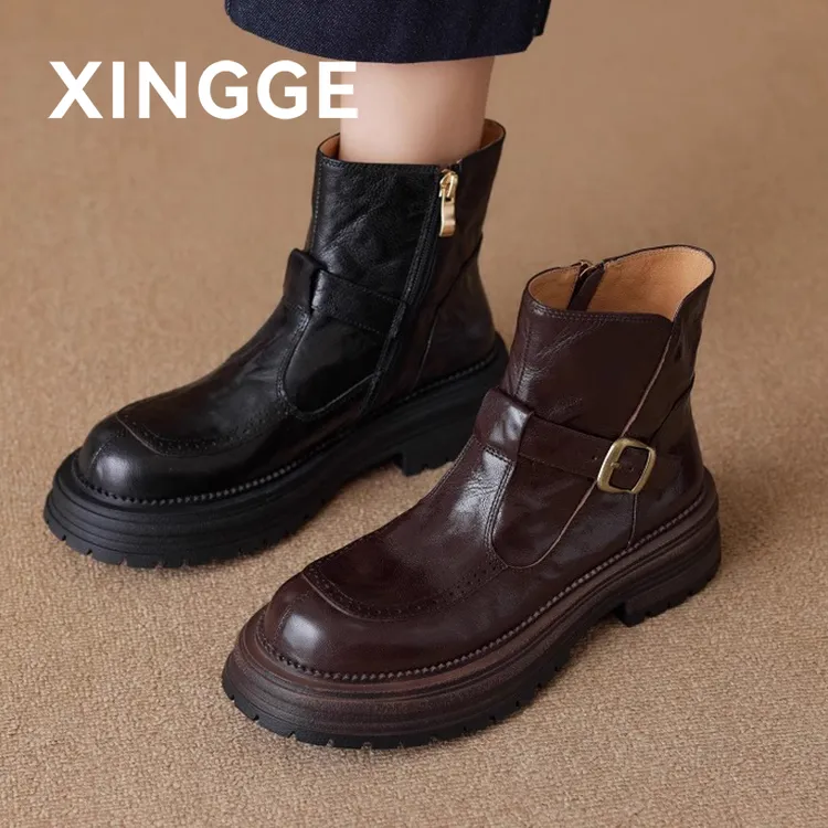  XINGGE/幸格英伦风厚底马丁靴女2025秋冬新款粗跟复古短靴女单靴