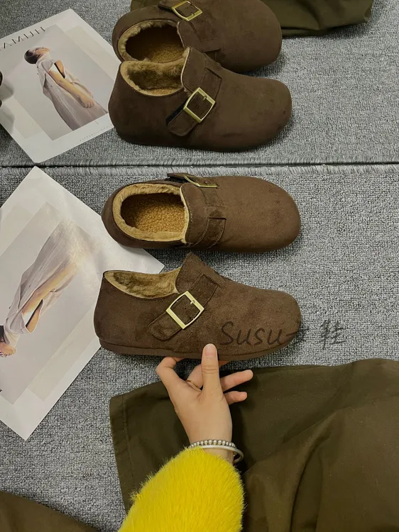 平底搭扣加绒勃肯鞋女2025冬季新款棕色毛毛鞋保暖棉鞋软底乐福鞋