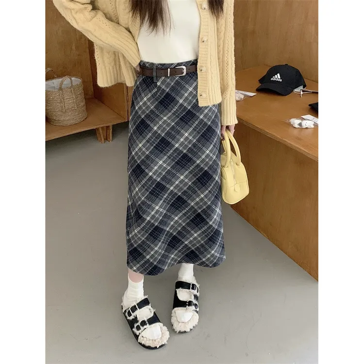 胖mm女装毛呢半身裙女2025新款格纹长裙款a字裙