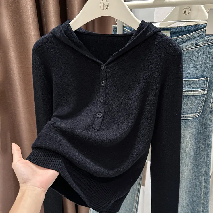 设计感半开领黑色连帽卫衣女2025秋季新款修身显瘦针织衫短款上衣