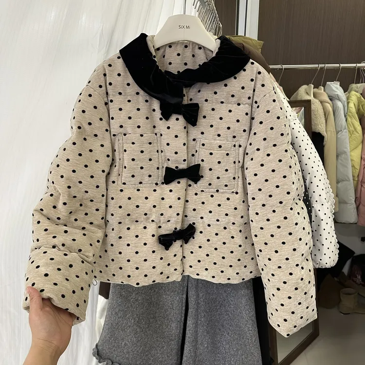 韩系甜美波点丝绒羽绒服女2024冬季新款小个子加厚减龄保暖外套