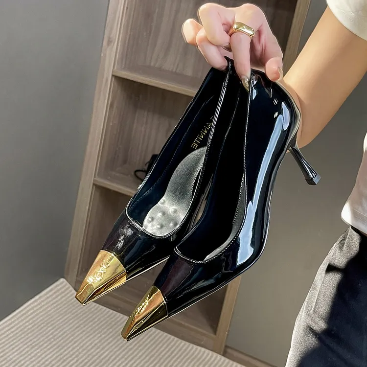 2025新款杨树林金属头黑色高跟鞋女细跟性感御姐气质高级精致单鞋
