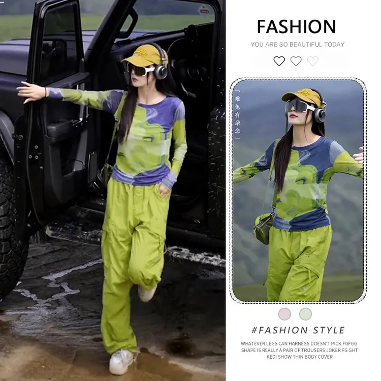 欧货时髦减龄印花上衣女秋季新款长袖百搭圆领网纱打底衫内搭t恤