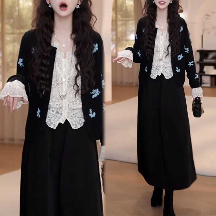 网红洋气炸街套装女2025年春秋新款针织开衫蕾丝衬衫半身裙三件套