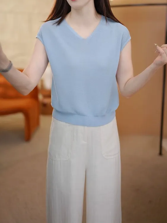 天丝夏季薄款休闲百搭V领短袖T恤女2025新款宽松显瘦纯色针织上衣