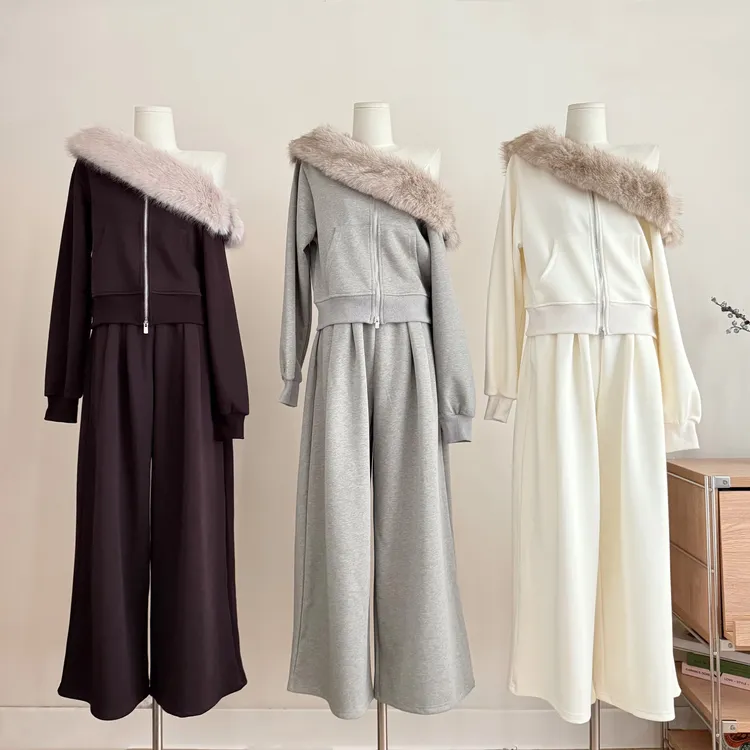 【西野暮色】一字肩大毛领卫衣外套+宽松运动阔腿裤