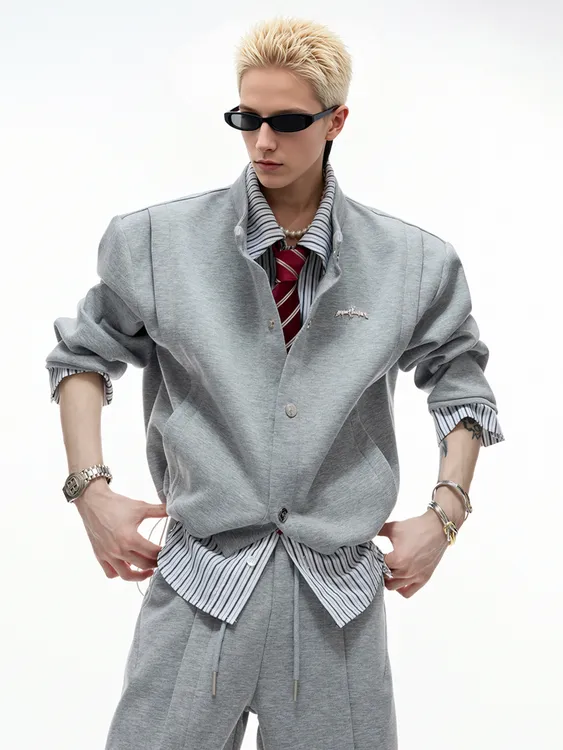 设计感小众假两件条纹拼接短款立领夹克男 秋季宽松痞帅运动外套