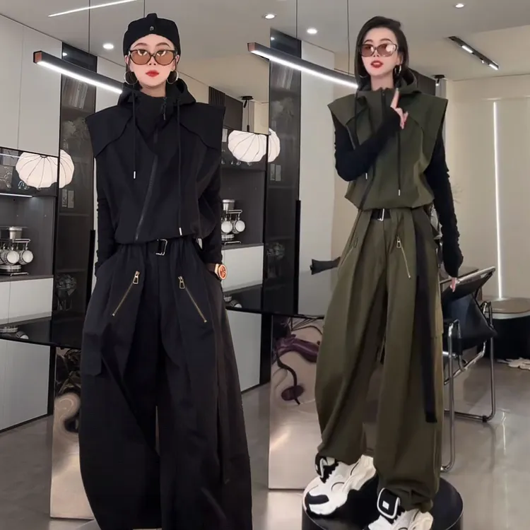 个性帅酷运动服套装女2025春秋新款时尚休闲连帽马甲外套+阔腿裤