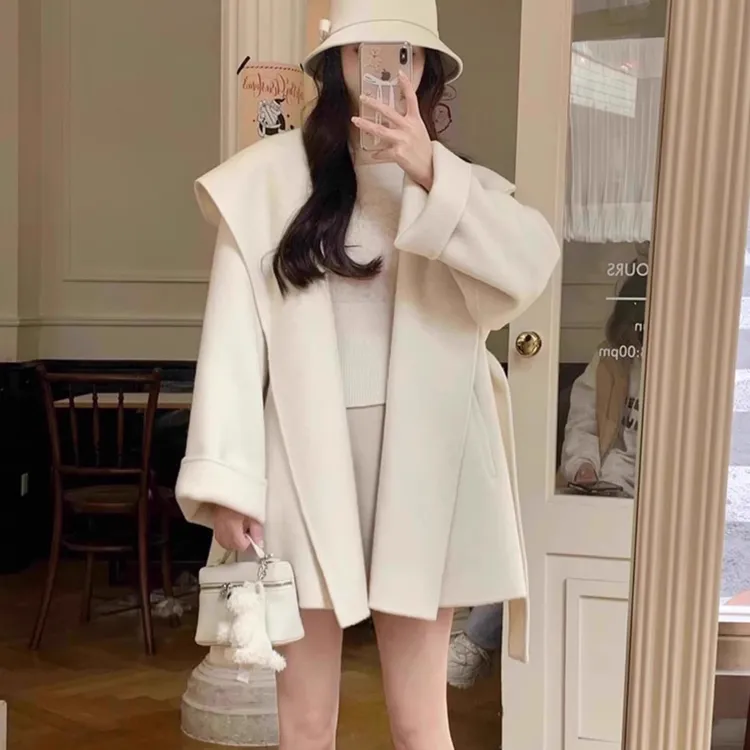 白色双面呢子大衣女小个子高级感2025秋冬季新款短款连帽毛呢外套