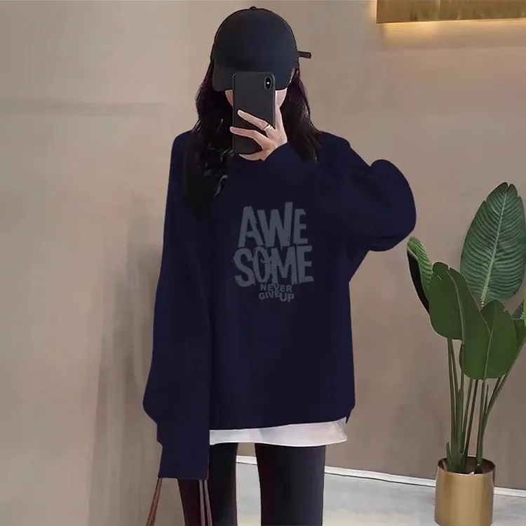 假两件圆领卫衣女2025秋冬新款韩版宽松中长款遮屁股加绒加厚上衣