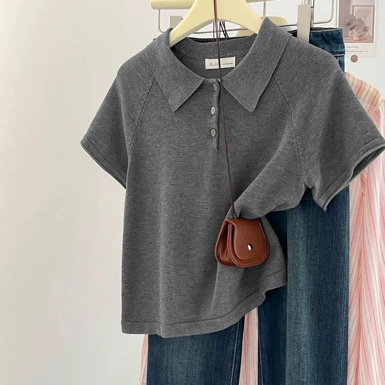【80-200斤】Polo领冰丝短袖T恤女夏季高级感美式正肩设计感上衣
