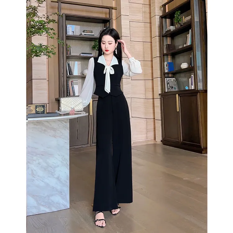 格润雅2025新款小众套装时尚拼接减龄显瘦遮肉上衣高腰裤子两件套