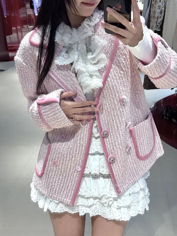 2025春季新款小香风粉色外套开衫半身裙时尚两件套装女甜美