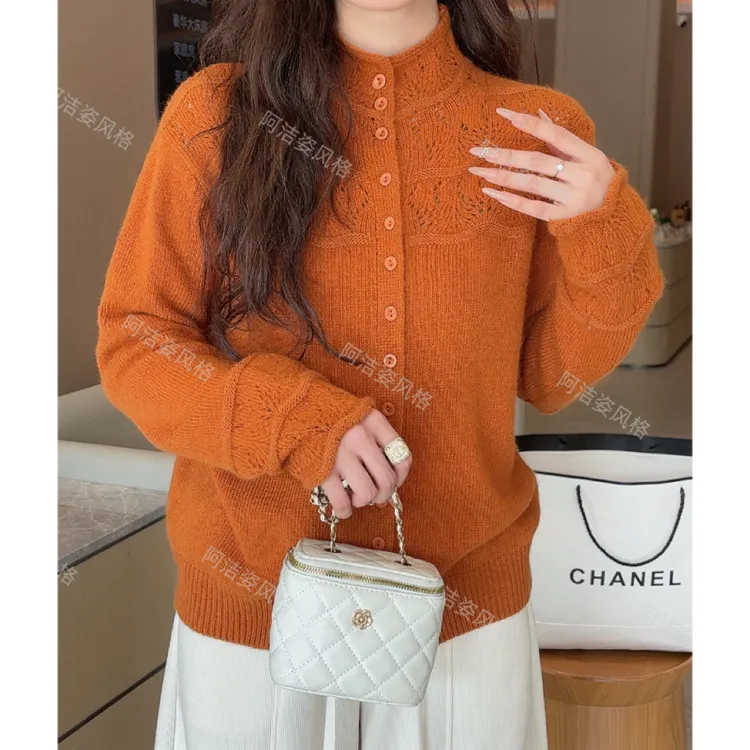 半高领镂空针织衫开衫女冬季新款宽松减龄毛衣外套