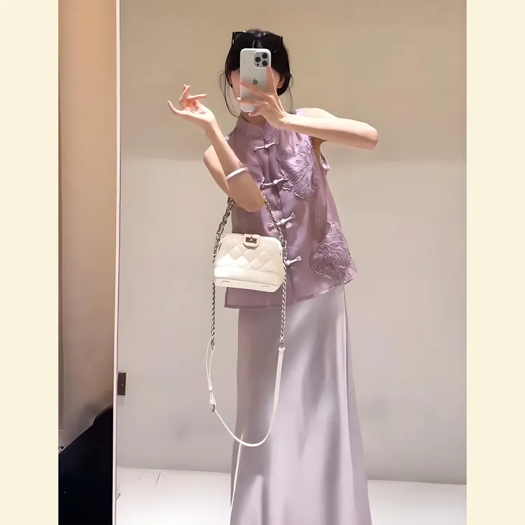 2025新款夏季巨好看的新中式国风盘扣紫色薄款马甲半身裙两件套装