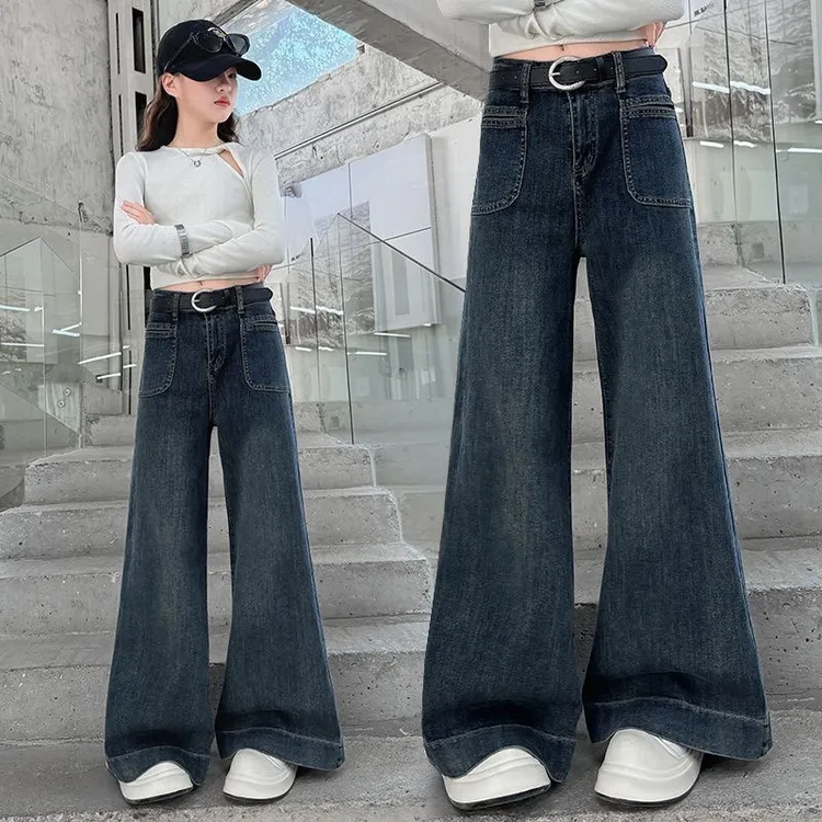 女童裤子春秋冬2025新款加绒加厚牛仔裤初中生直筒中女童加绒裤子