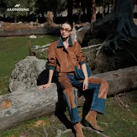 JIAXINXQING秋冬新品街头风时尚拼接牛仔外套裤子潮流套装设计款