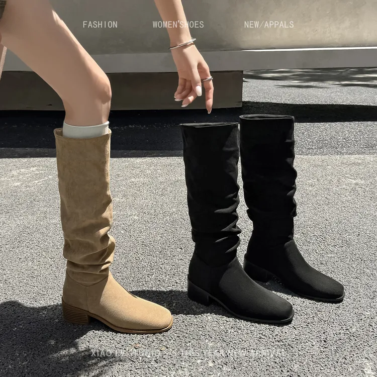 褶皱堆堆靴女2025秋冬胖mm长筒靴粗腿骑士靴大筒围高筒大码女靴子