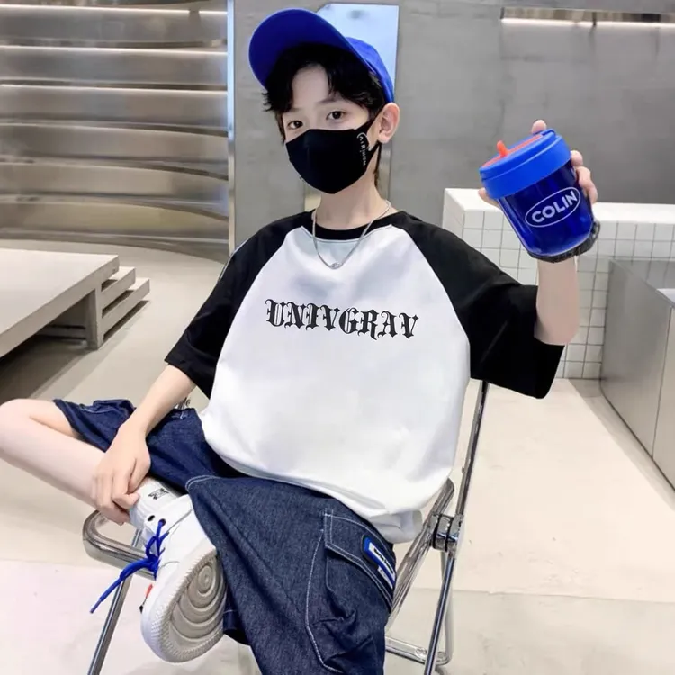 韩版潮流重磅纯棉中大童童装洋气插肩短袖夏季潮酷痞帅童装儿童