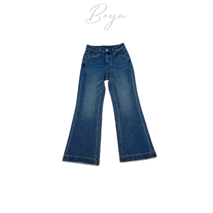 长款筒喇2025秋高腰四面弹直筒微喇牛仔裤女款百搭显瘦