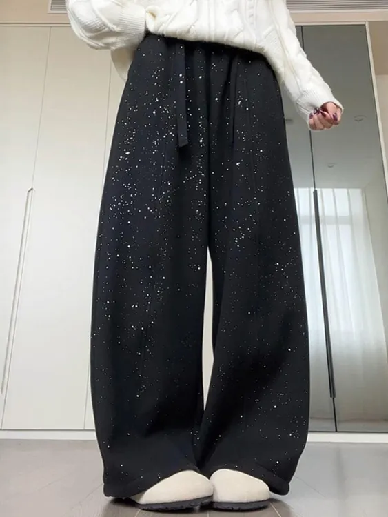 黑色细闪亮片弯刀裤女大码慵懒风镰刀运动休闲烫钻独特设计感裤子