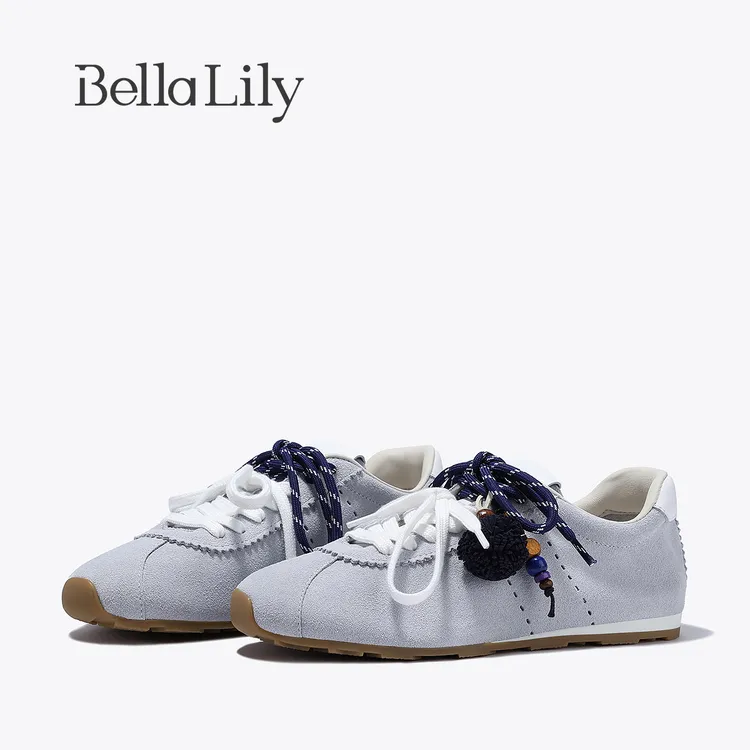 BellaLily2025秋季新款小众个性德训鞋双系带挂件休闲鞋牛皮女鞋