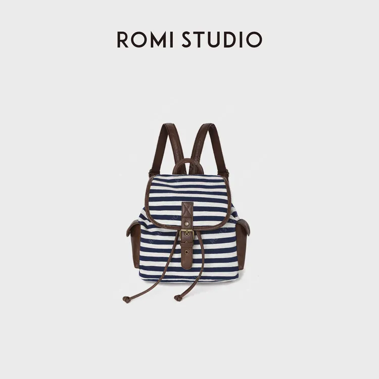 ROMI STUDIO优质棉复古撞色条纹可调节针扣双肩包 RWDLP33724