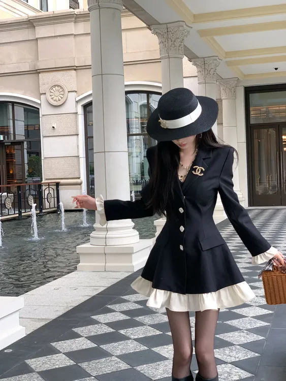 【雅乔定制】优雅聚焦 设计感拼接黑色收腰西装伞裙DYCC-25068267