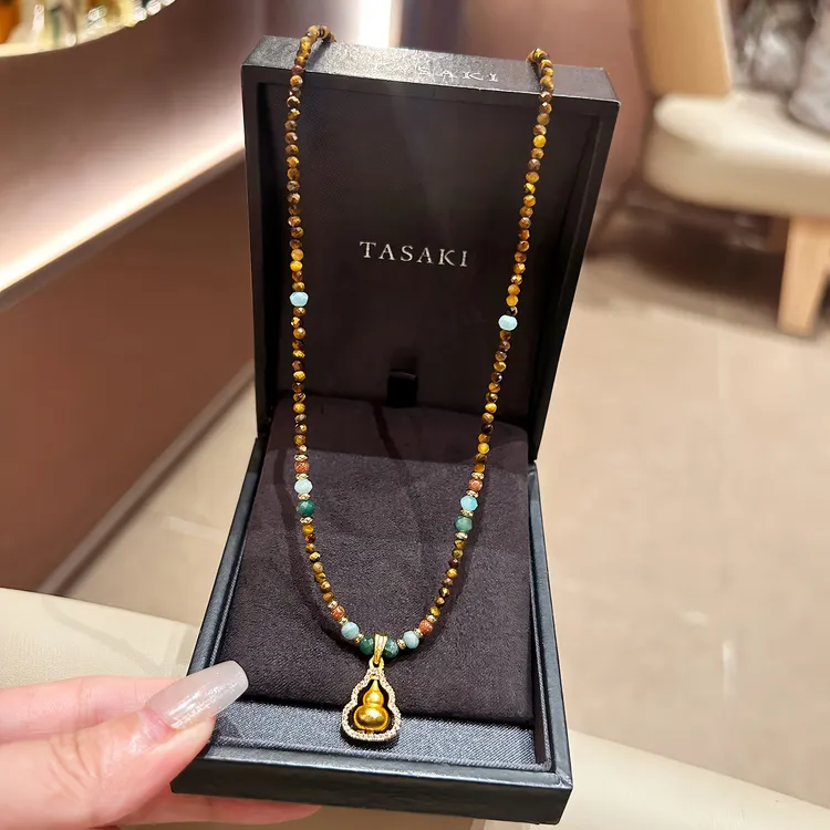 铜合金项链 彩色串珠葫芦镶钻项链复古民族国风虎眼石锁骨链配饰