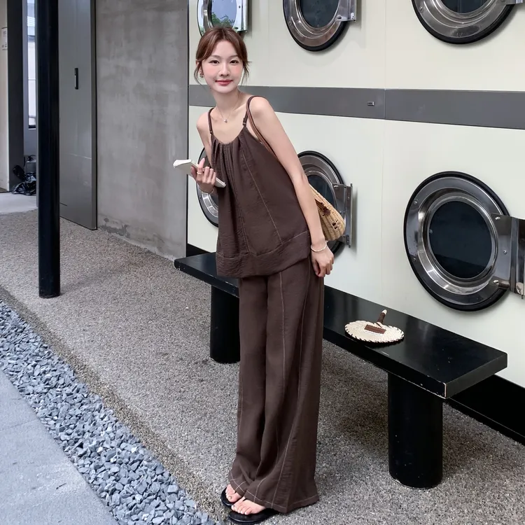 韩系穿搭一整套女夏季新款时尚吊带背心高腰显瘦阔腿裤两件套