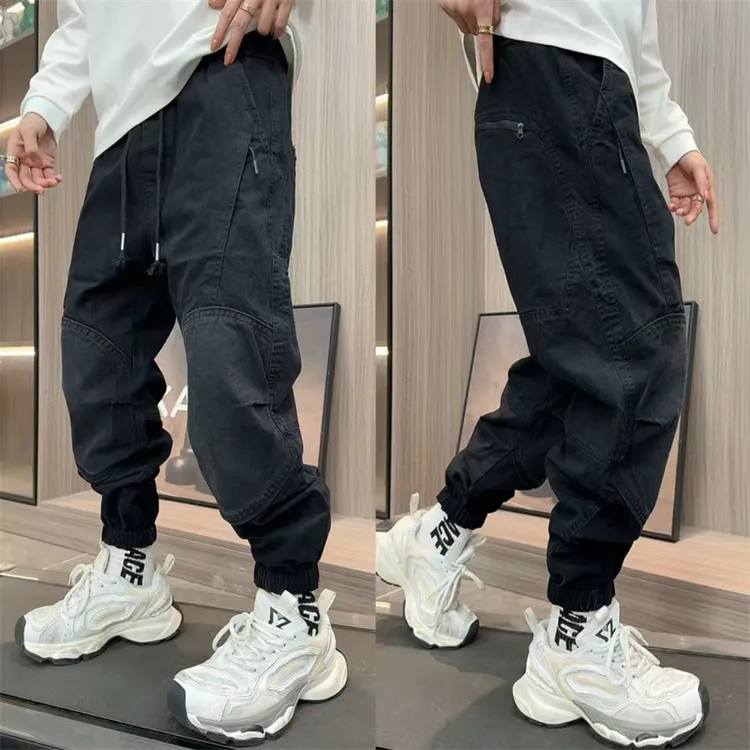 秋季新款宽松束脚工装裤潮牌时尚百搭显瘦拉链口袋休闲裤男美式潮