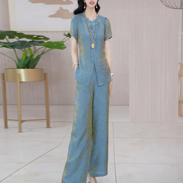 时尚国风气质减龄修身套装2025夏季新款高端精致显瘦阔腿裤两件套