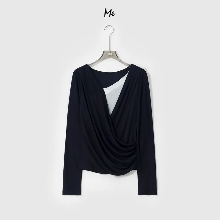 ME【都市之夜】天丝绵羊毛混纺假两件垂褶显瘦时尚百搭上衣MESA0424