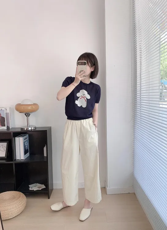 【那年】韩系减龄可爱小狗冰丝针织短袖正肩t恤显瘦搭配九分裤套装