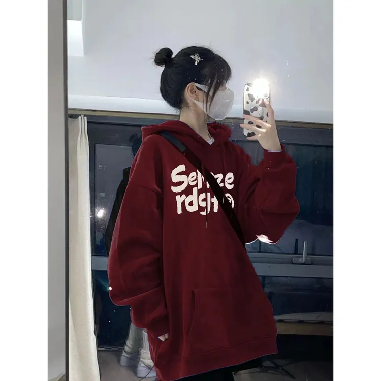 酒红色连帽卫衣女2025春秋宽松慵懒风个性字母印花长袖欧货美式潮