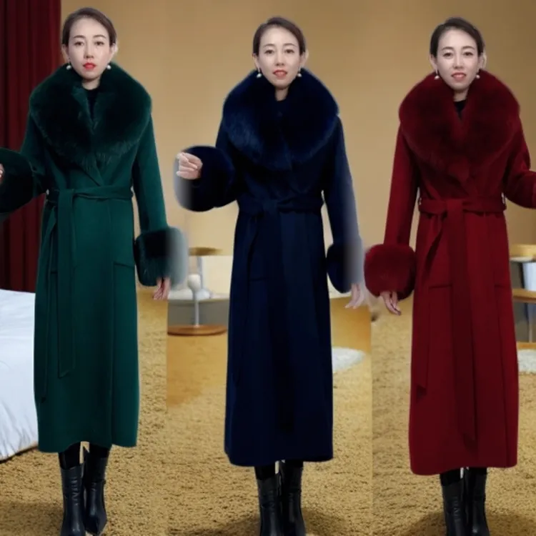 950款双面羊毛内胆90白鸭绒可拆卸狐狸毛领加长修身衣长120二件套