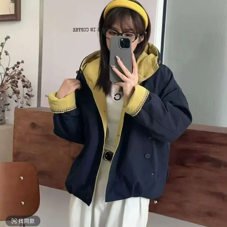韩版连帽加棉拼色外套女2025春秋新款高级感宽松休闲短款夹克上衣